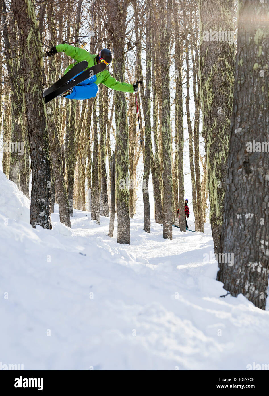 Ein Skifahrer Luft und Taps A Baum im Wald am Cerro Catedral In Argentinien Stockfoto