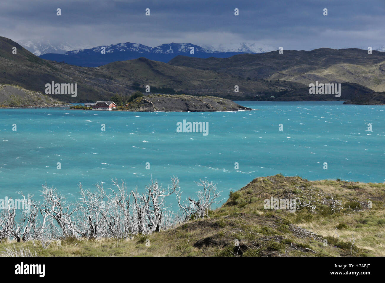 Hosteria Pehoe am See Pehoe, Torres del Paine NP, Patagonien, Chile Stockfoto
