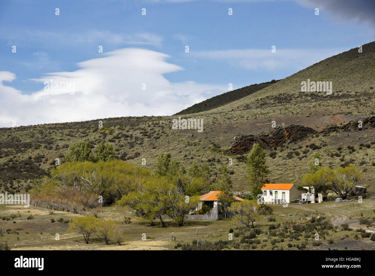 Rancho Laguna Amarga und Paine-Massivs, Torres del Paine, Patagonien, Chile Stockfoto