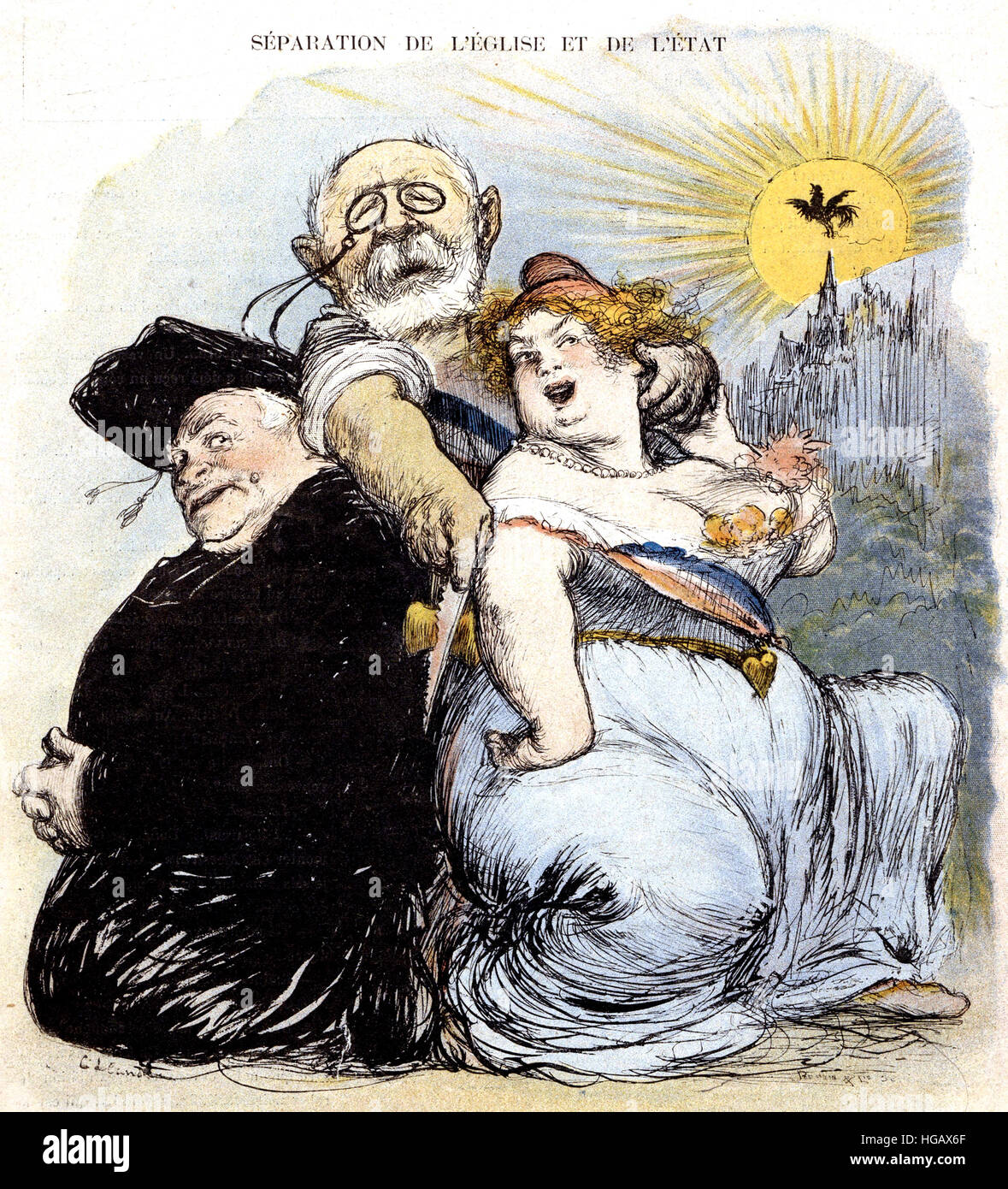 LE RIRE Mai 1905. Französische satirische Zeitschrift Cartoon über die Trennung von Kirche und Staat in diesem Jahr Stockfoto