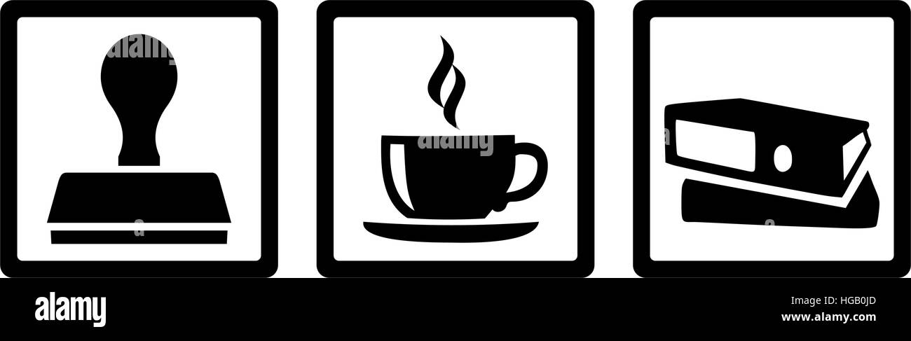 Offizielle Symbole - Stempel, Kaffee, Ordner. Stock Vektor