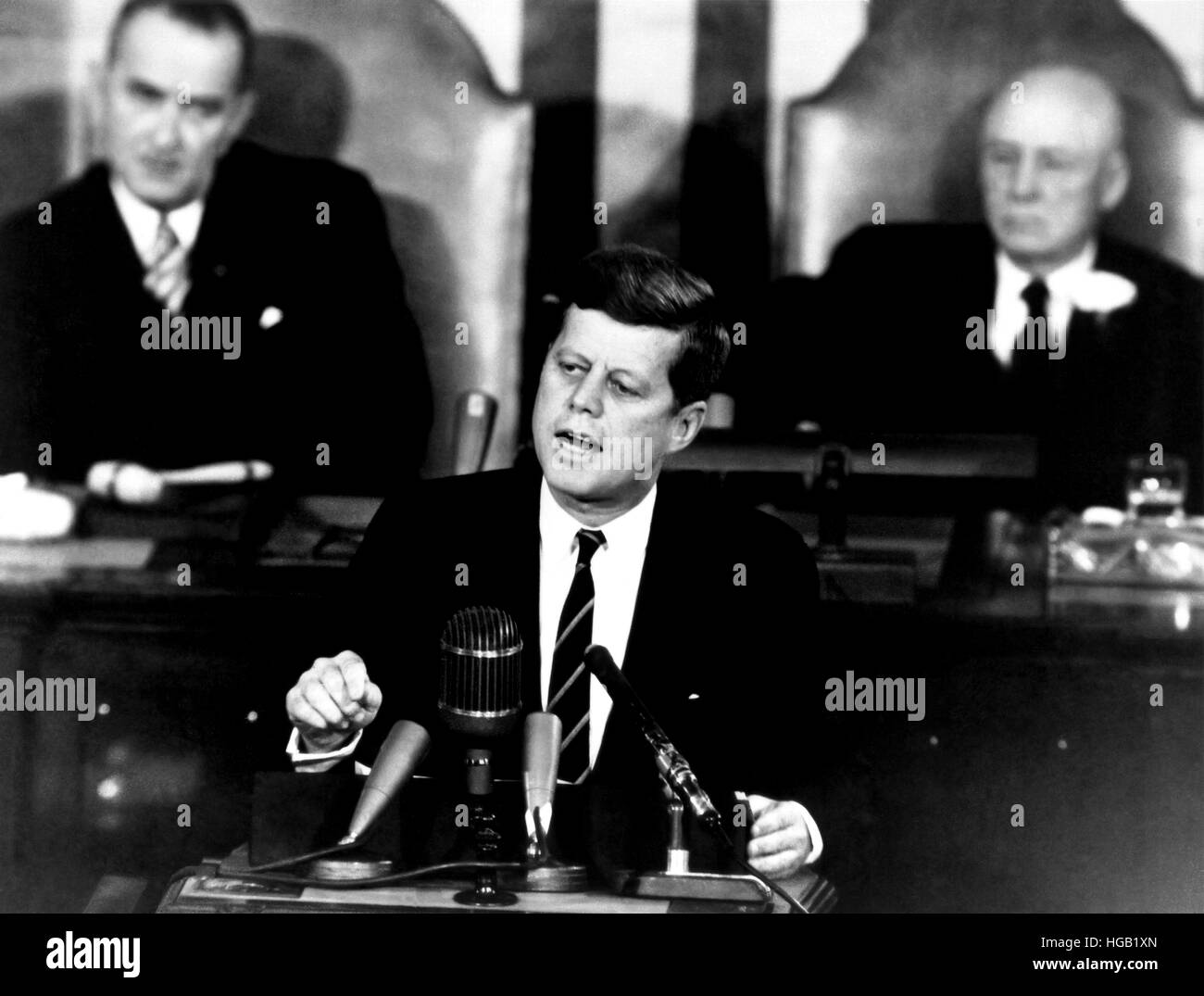 Präsident John F. Kennedy kündigt die Mond-Landung-Mission. Stockfoto