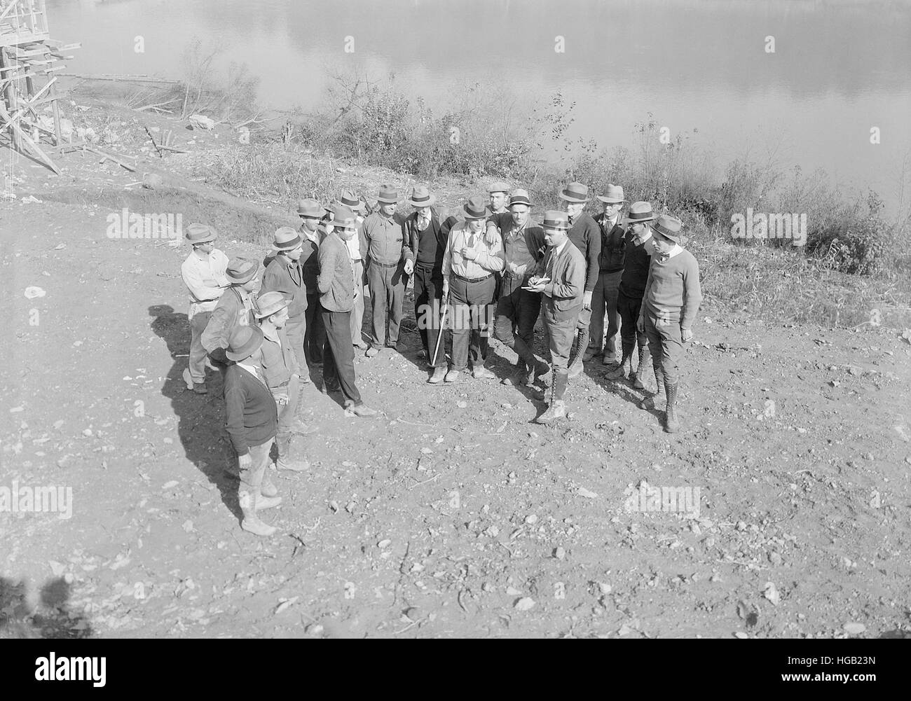 Gruppe von Bauarbeitern am Standort Norris Dam, Tennessee, 1933. Stockfoto
