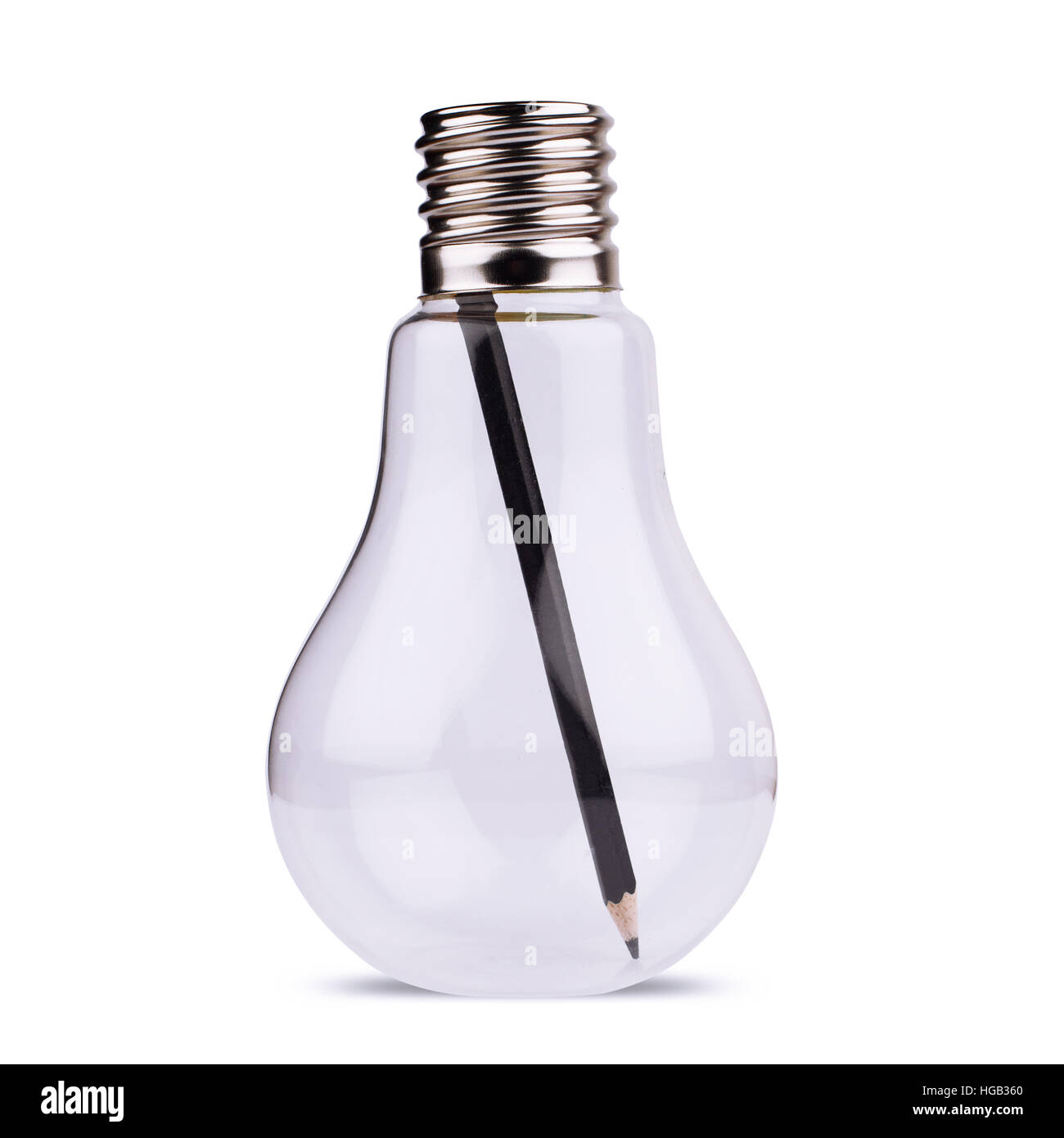 Frontansicht einer großen Glühbirne mit schwarzen Stift innen, Konzept für Ideen, Kreativität. Isoliert auf weiss. Stockfoto