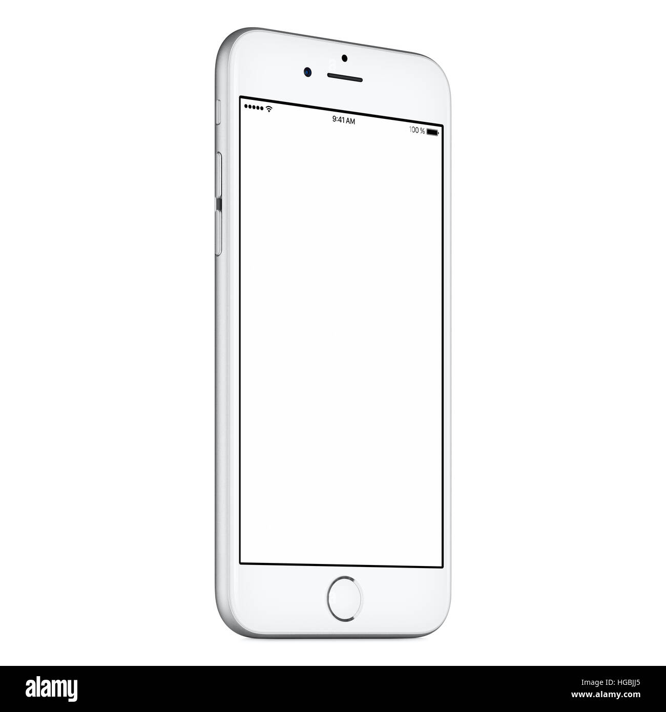 Weiße mobile Smartphone-Modell leicht gegen den Uhrzeigersinn gedreht mit unbelegten Schirm isoliert auf weißem Hintergrund. Stockfoto