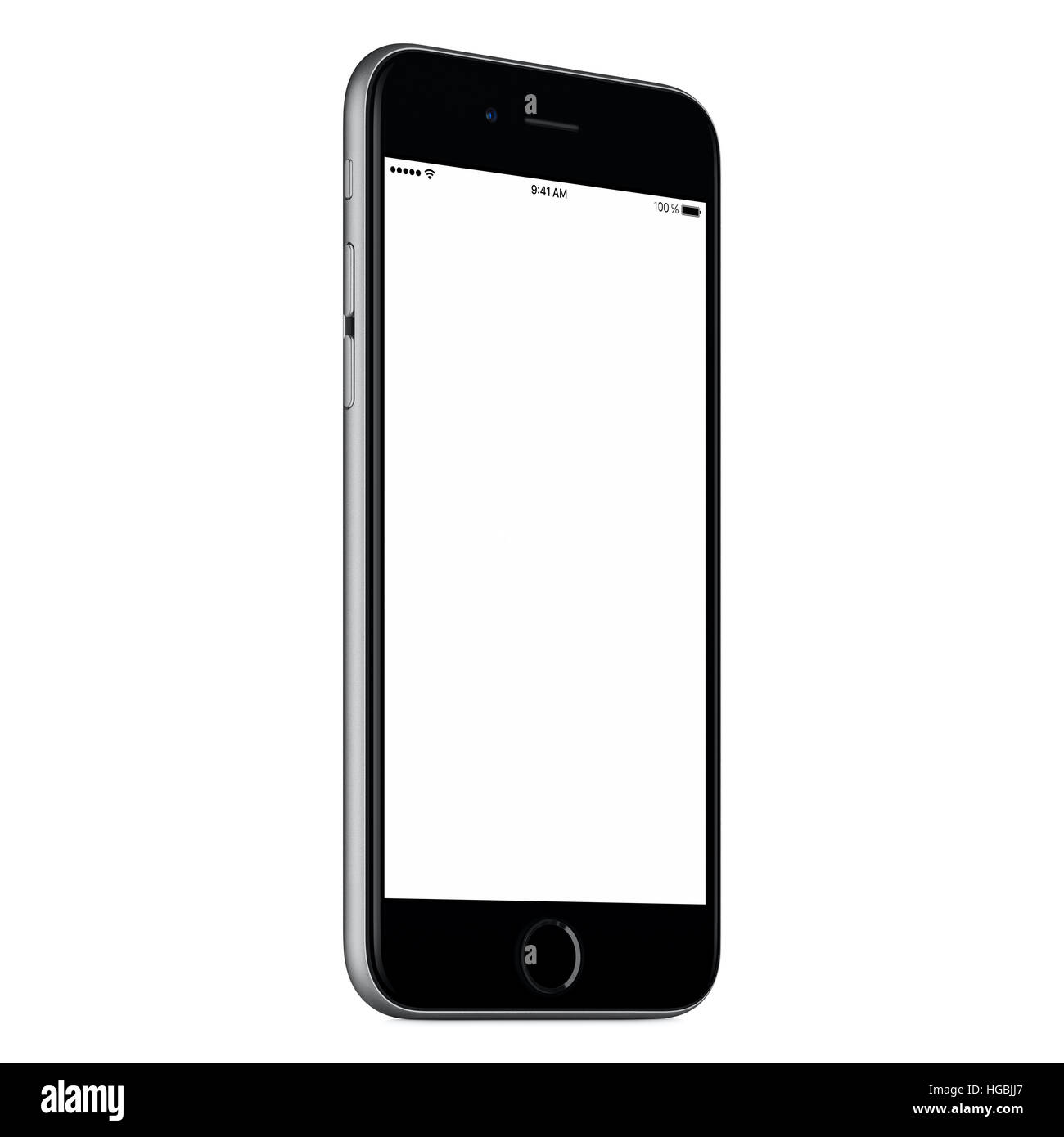 Schwarz mobile Smartphone mock-up etwas gegen den Uhrzeigersinn gedreht mit unbelegten Schirm isoliert auf weißem Hintergrund. Stockfoto