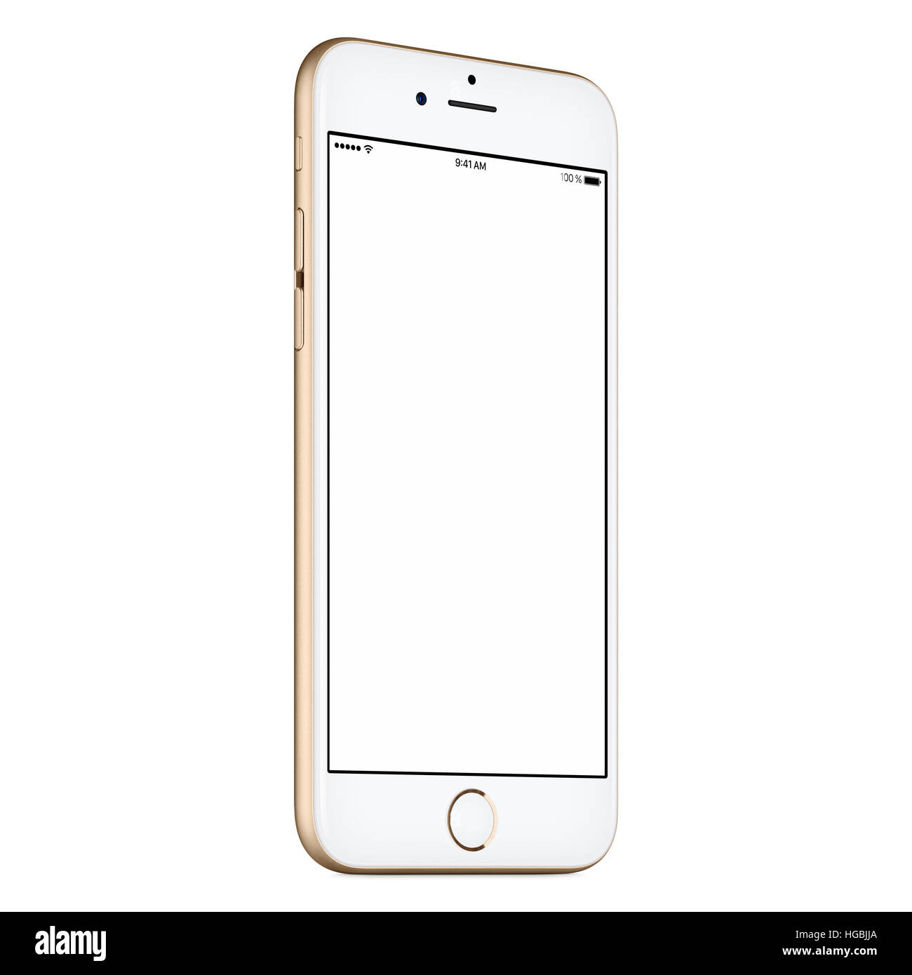 Gold mobile Smartphone Mock-up etwas gegen den Uhrzeigersinn gedreht mit unbelegten Schirm isoliert auf weißem Hintergrund. Stockfoto