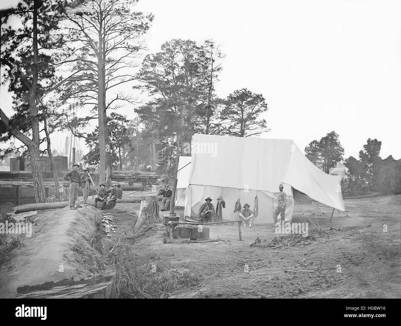 Camp Szene zeigt Cooks Zelt während des amerikanischen Bürgerkriegs. Stockfoto