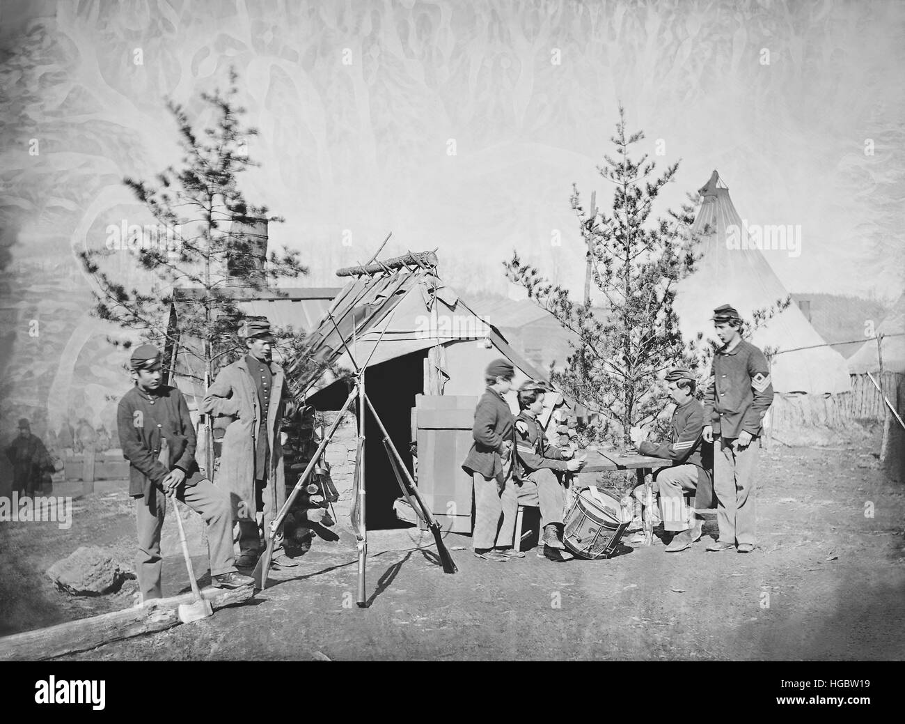 Camp-Szene während des amerikanischen Bürgerkriegs. Stockfoto