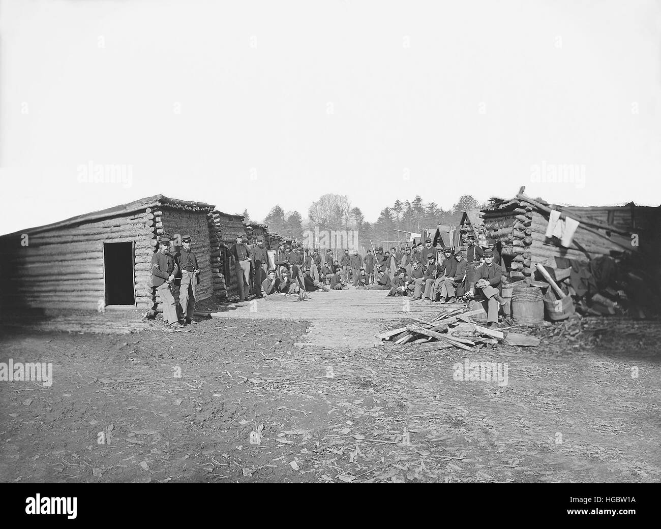 Infanterie winter Quartier während des amerikanischen Bürgerkriegs. Stockfoto