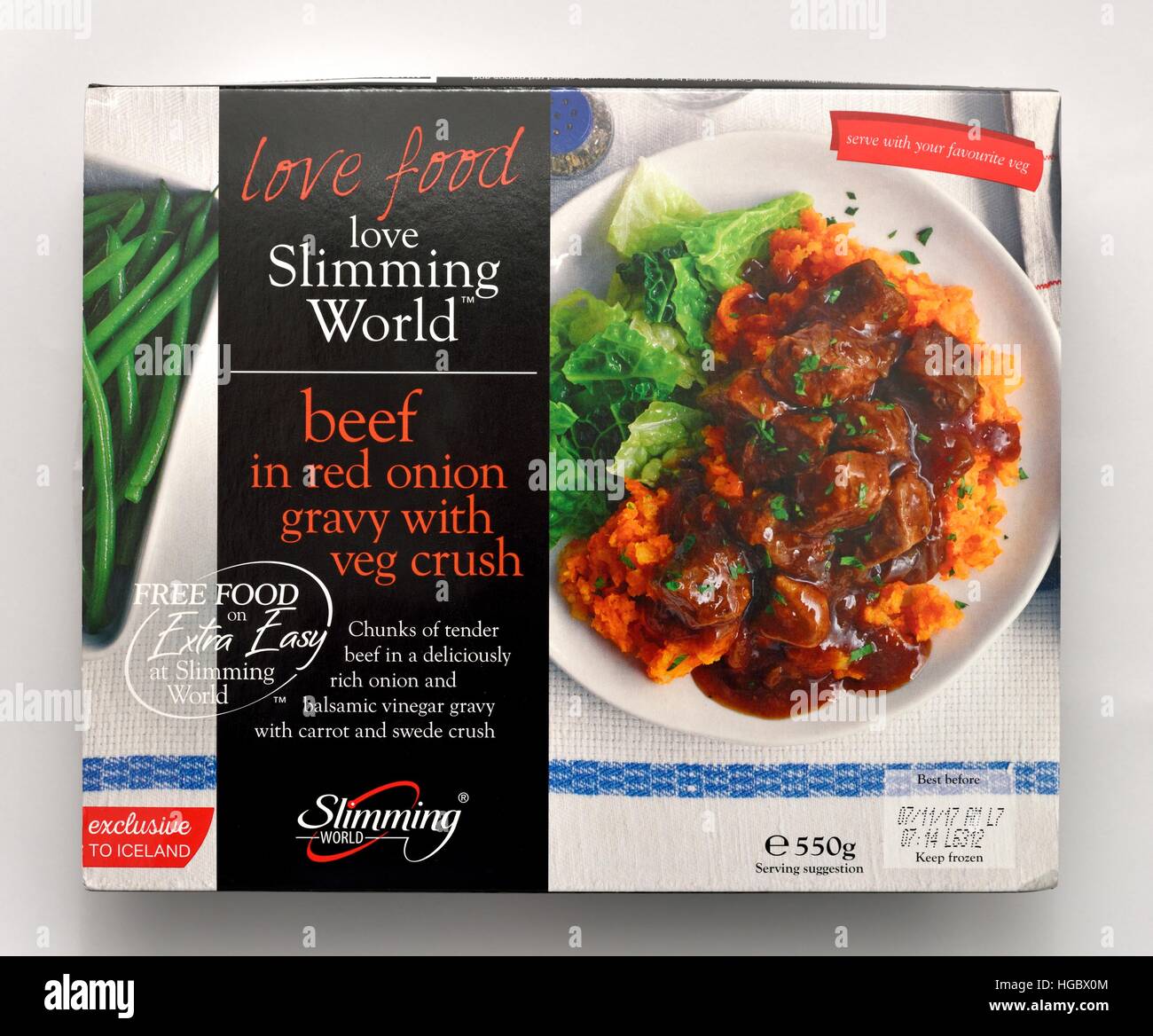 Schlankheits-Welt Rindfleisch in roter Zwiebel Sauce mit Gemüse vernichten Stockfoto
