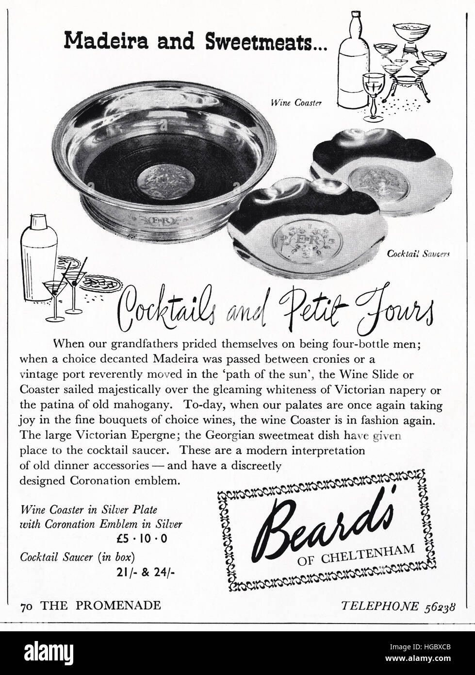 1950 Werbung Werbung aus original alten Vintage englischen Magazin datiert 1953 Werbung für Gerichte & Untersetzer für Cocktails & Petit jours durch Bärte von Cheltenham England UK 50s Retro Stockfoto