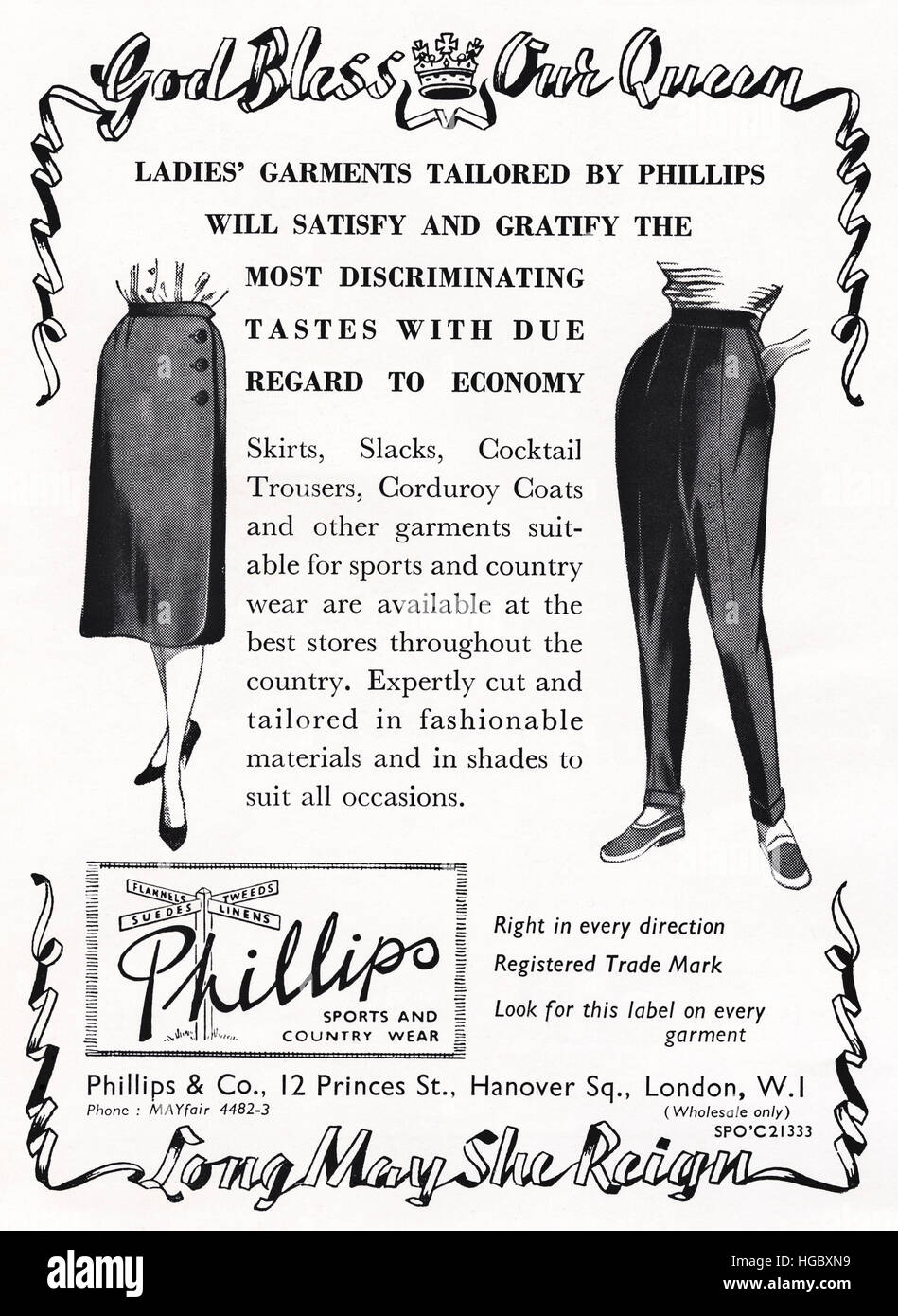 1950er Jahre Werbung Werbung aus original alten Vintage englisches Magazin 1953 Anzeige für Damen Bekleidung von Phillips & Co die Krönung von Königin Elizabeth II feiert vom Stockfoto