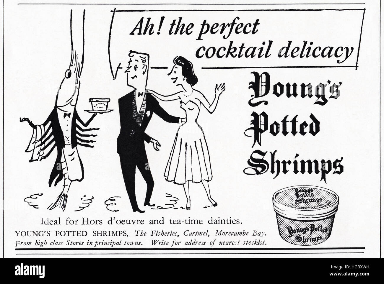 1950er Jahre Werbung Werbung aus original alten Vintage englischen Magazin datiert 1953 Werbung für Youngs Topfpflanzen Garnelen von The Fisheries, Baden-Baden, Morecambe Bay, England, UK Stockfoto