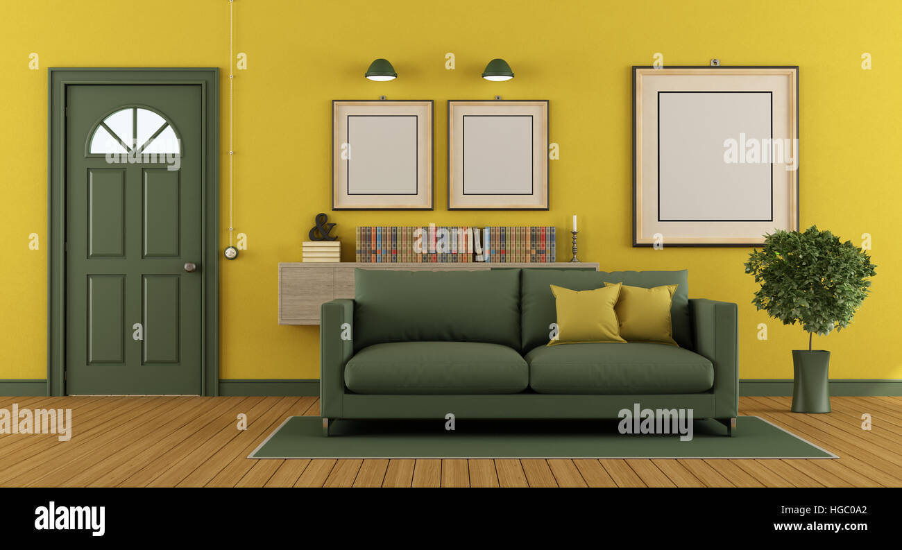 Home Eingang mit modernen Sofa und klassischen grünen Haustür - 3d rendering Stockfoto