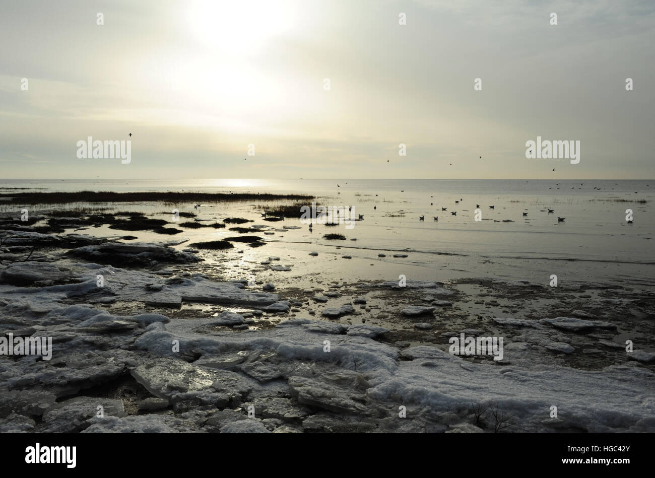 Graue Wolken weiß Sonnenschein Ansicht Meereis am Rand des ruhigen Meerwasser mit Möwen, Salzwiesen, Strand östlich von St. Annes, UK Stockfoto