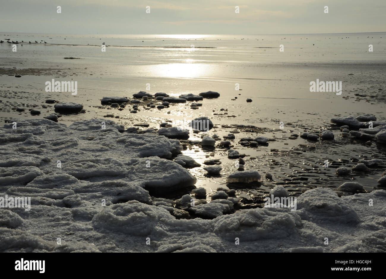 Grauen Himmelsblick, Süden, Land-schnell Meereis am Rand des ruhigen Meerwasser mit Seevögeln, Strand östlich von St. Annes, Lancashire, UK Stockfoto