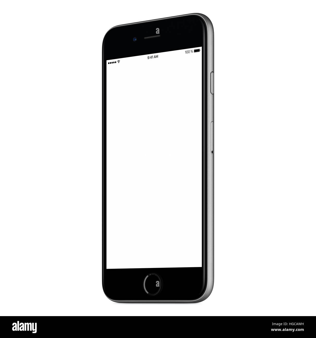 Weiße mobile Smartphone-Modell leicht gedreht beidseitig mit unbelegten Schirm isoliert auf weißem Hintergrund. Qualitativ hochwertige Studio gedreht. Stockfoto