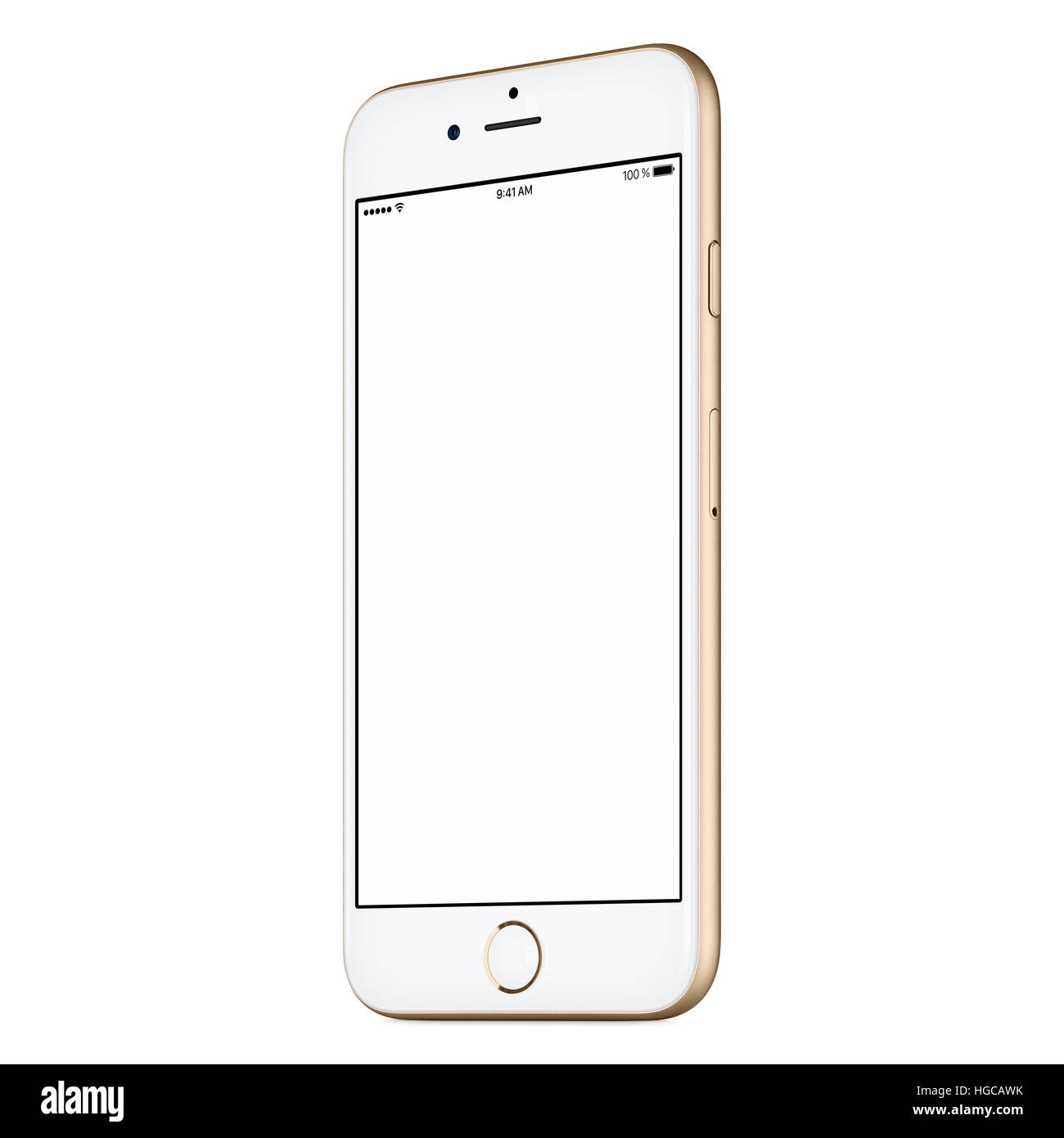 Gold mobile Smartphone Mock-up leicht im Uhrzeigersinn gedreht mit unbelegten Schirm isoliert auf weißem Hintergrund. Verwenden Sie dieses Smartphone-Modell für portfolio Stockfoto