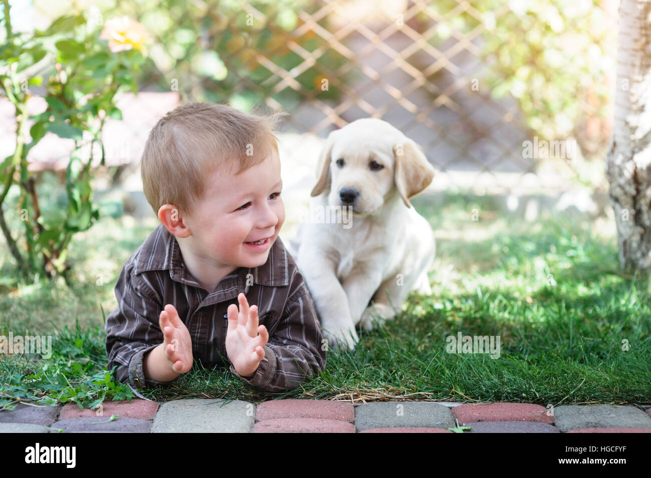 kleiner Junge mit einem weißen Labrador Welpen Stockfoto