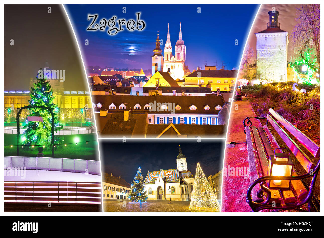 Stadt Zagreb Advent Abend Postkarte, Hauptstadt von Kroatien Collage mit label Stockfoto