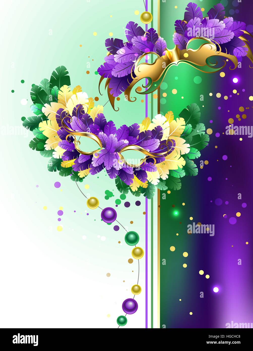 Entworfen mit bunten Masken verziert mit lila, gelb, grün Federn auf einem hellen Hintergrund. Festival Fasching. Stock Vektor