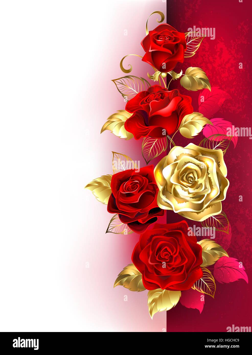 Design mit roten und goldenen Rosen auf weißem und rotem Hintergrund. Design mit Rosen. Stock Vektor