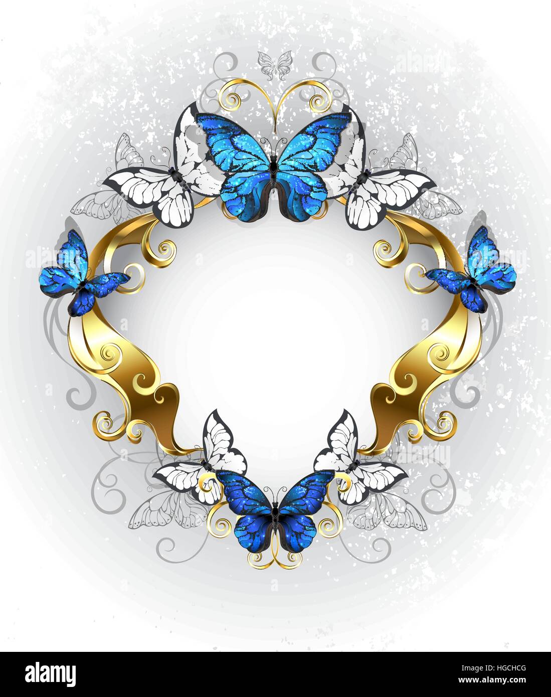 Schmuck, gold, gemustert, Banner mit blauen und weißen Schmetterlinge Morpho auf einem strukturellen Hintergrund. Morpho. Design mit blauer Schmetterlinge Morpho. Stock Vektor