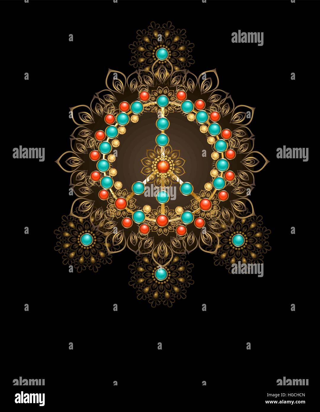 Schmuck, gold Friedenssymbol, dekoriert mit Türkis und Jasper auf einem dunklen Hintergrund. Schmuck im Boho-Stil. Stock Vektor
