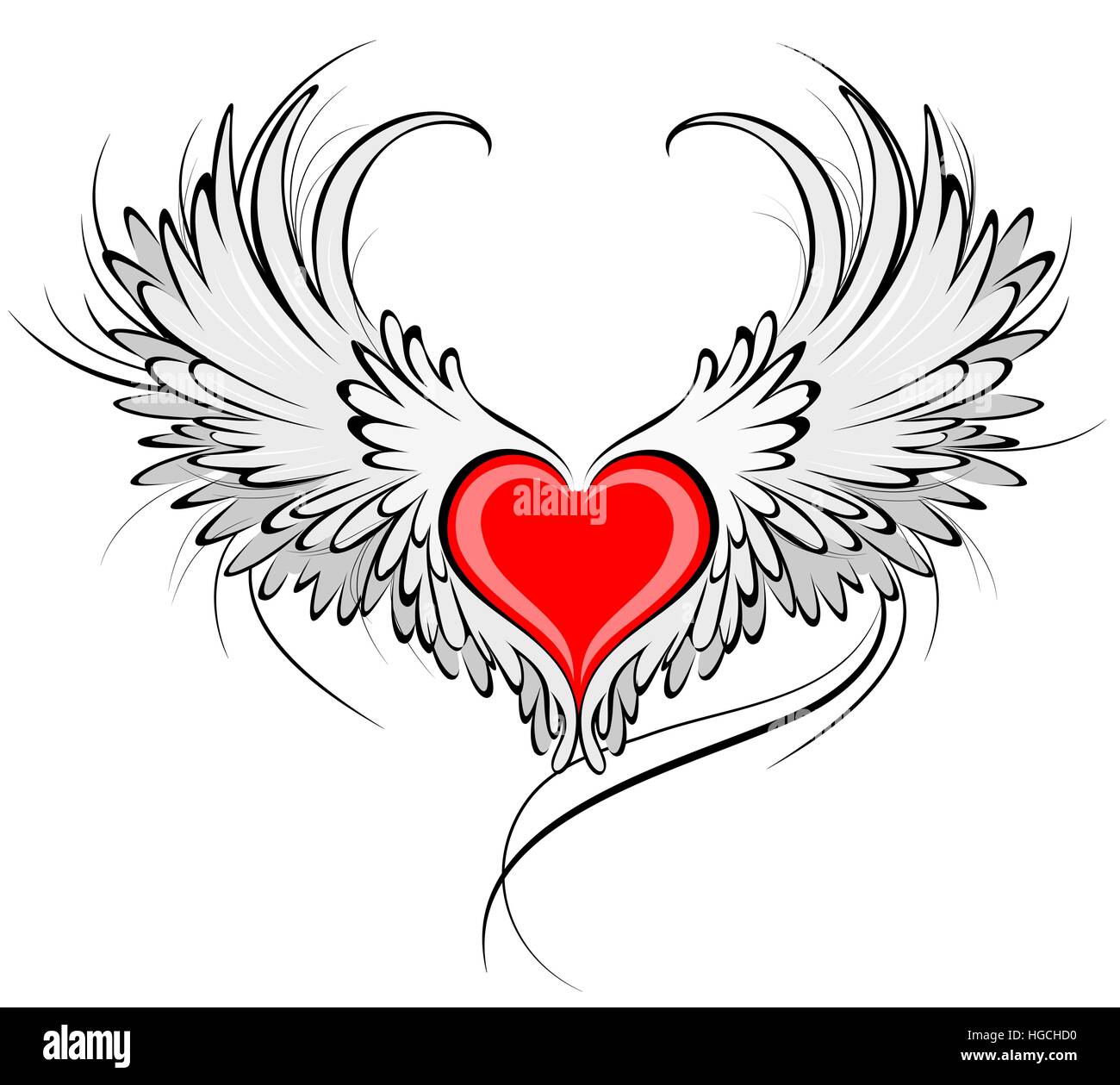 kunstvoll bemalte rotes Herz mit Engel Flügel grau, verziert mit schwarzen glatte Kontur. Stock Vektor