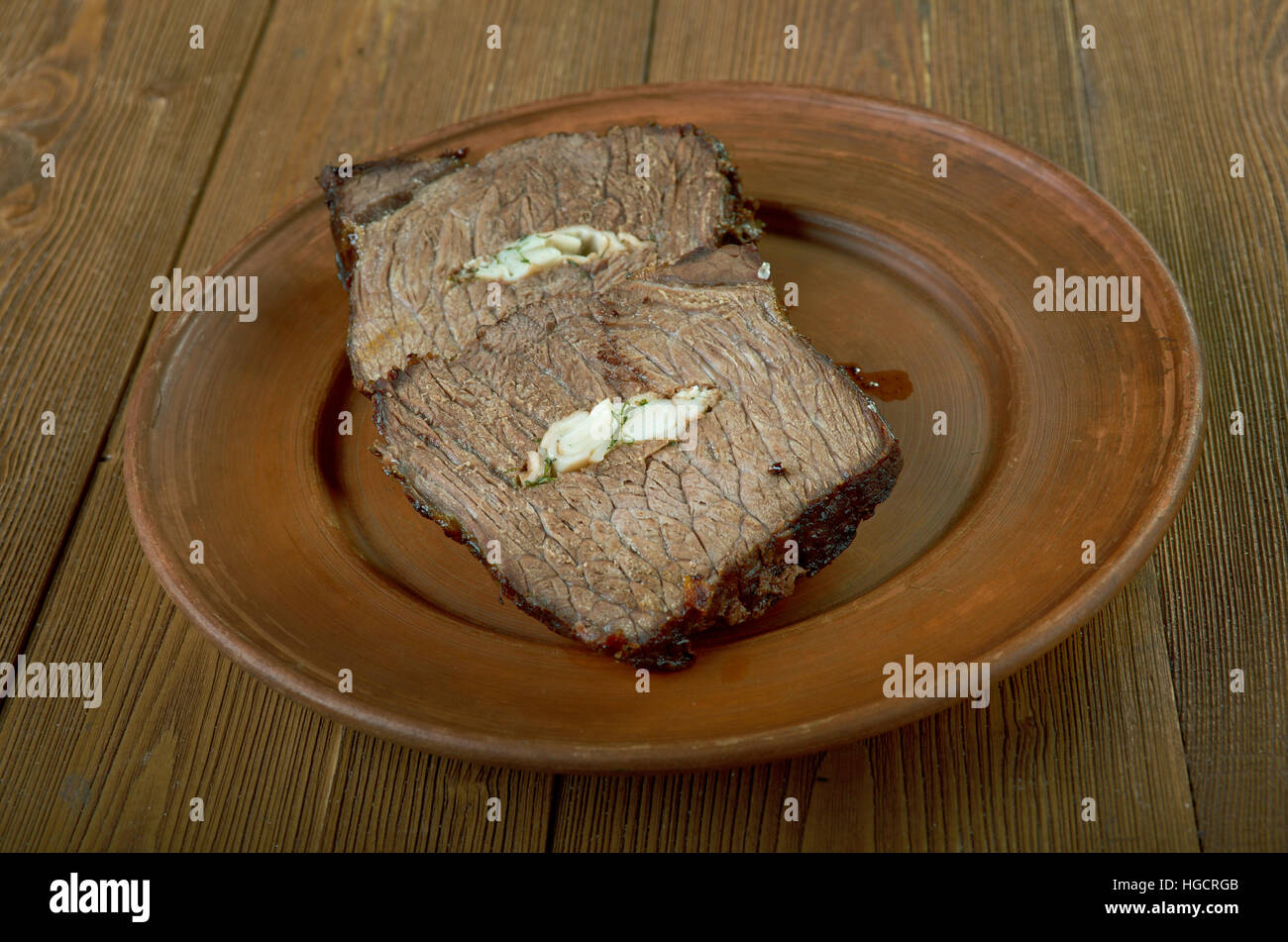 Teppich-Tasche Steak australische oder amerikanische Ableitung, beliebt in Australien und Neuseeland, Klassiker, der einmal mehr beweist, dass Austern und Rindfleisch ein m sind Stockfoto