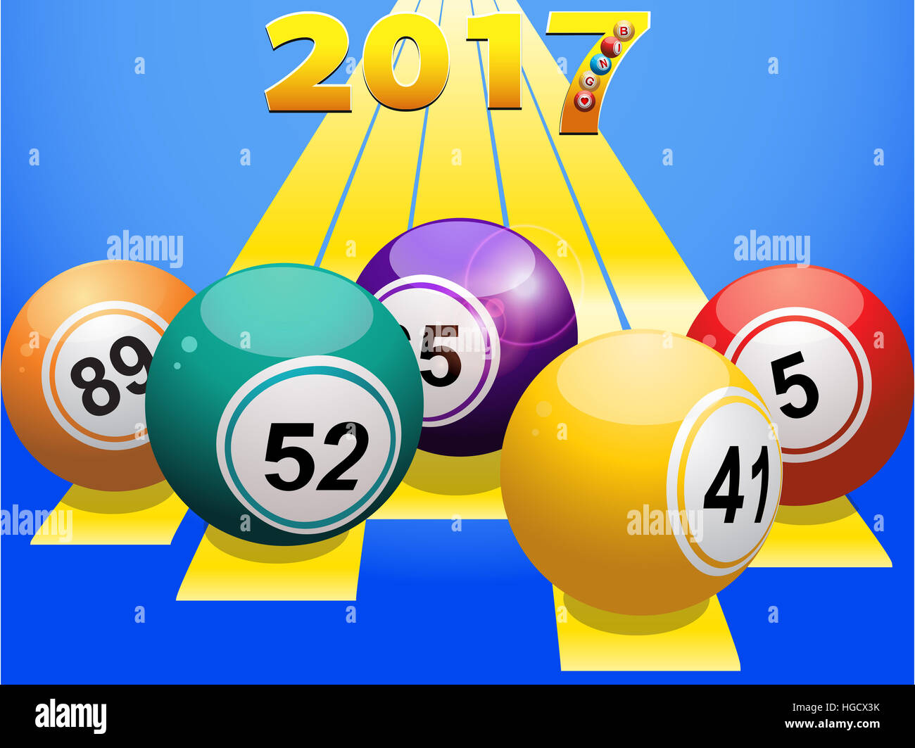Bingokugeln über gelbe Streifen mit 2017 in Zahlen auf blauem Hintergrund Stockfoto