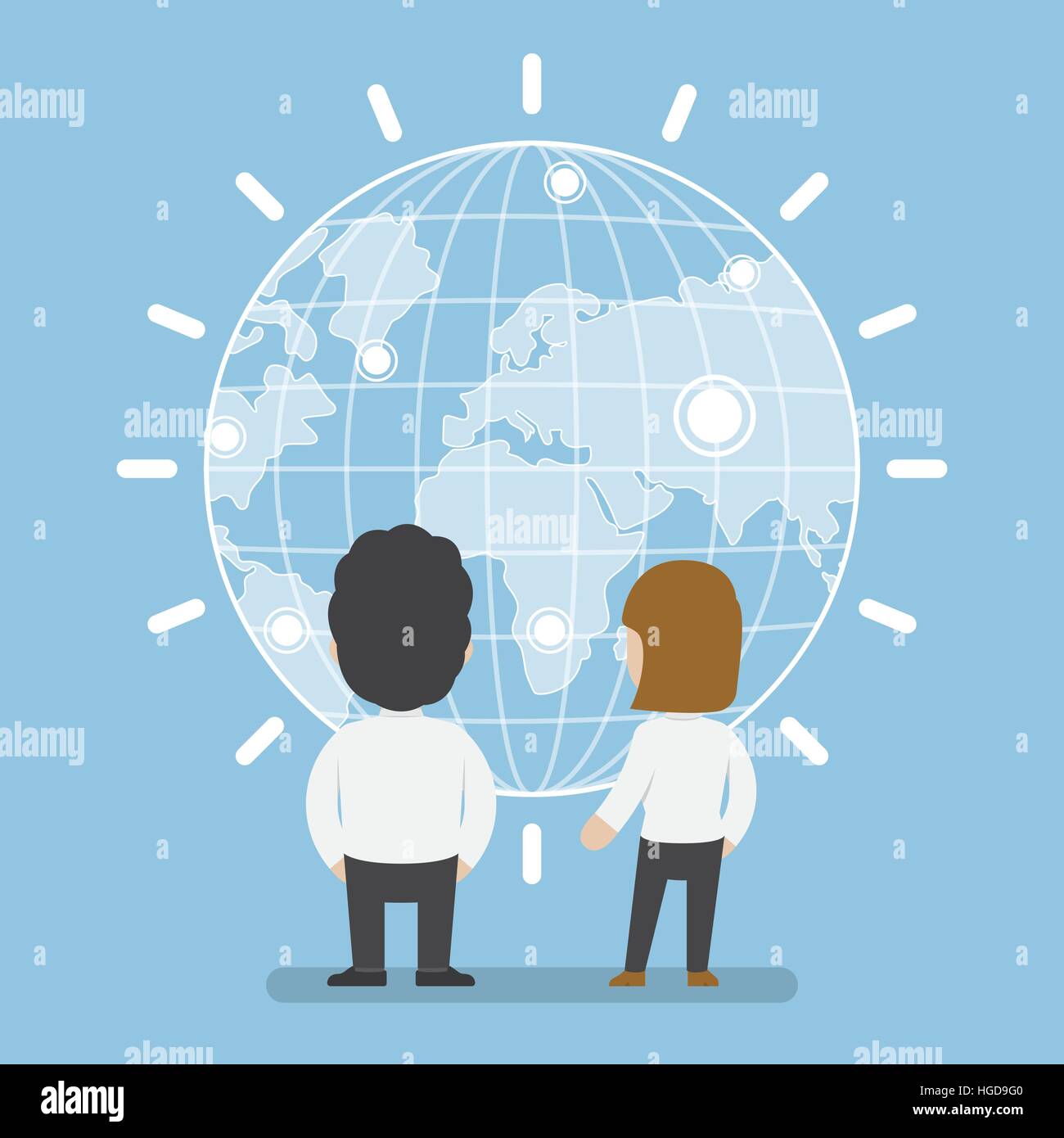 Geschäftsmann und Frau stand vor der digitalen Welt, Kommunikation und Technologie-Konzept Stock Vektor