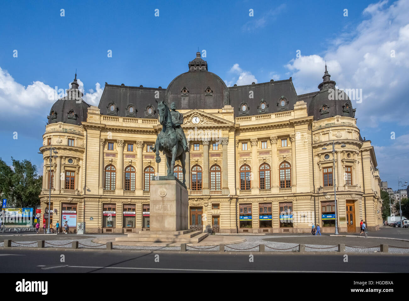 Rumänien, Bukarest Stadt Revolution Square, Carol I Statue Universität Bibliotheca Gebäude Stockfoto