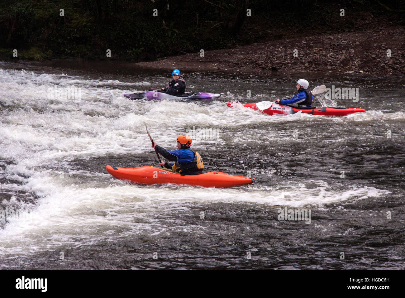 Kajakfahrer versuchen, sichern das Wehr Paddeln auf dem Fluss Exe bei Bickleigh in Devon. Stockfoto