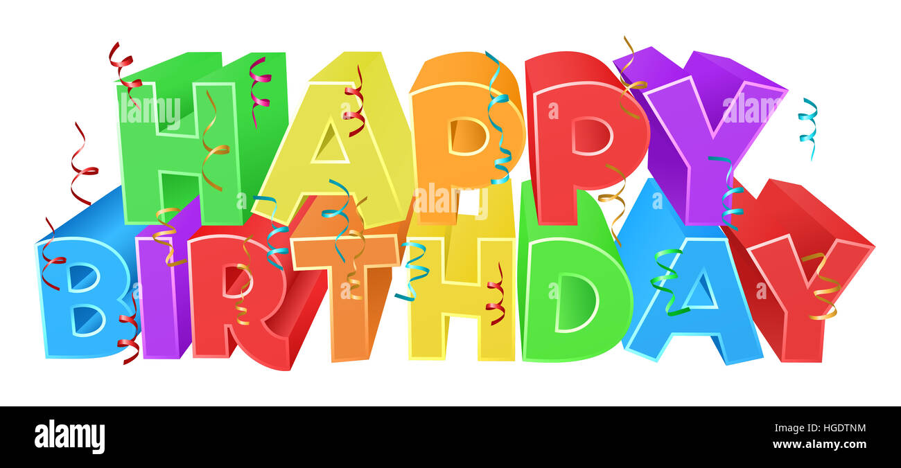 Ein Happy Birthday helle Farbe Wort Text Zeichen mit Konfetti Luftschlangen Stockfoto