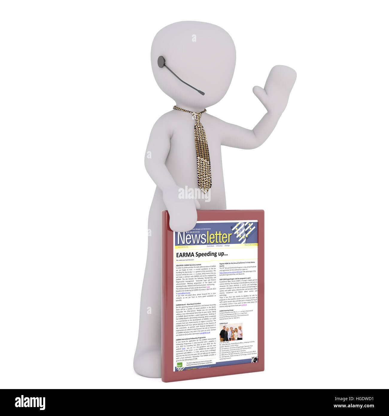 Wehende 3D Figur tragen gold Hals binden und Ohrhörer hält Newsletter vor einem weißen Hintergrund Stockfoto