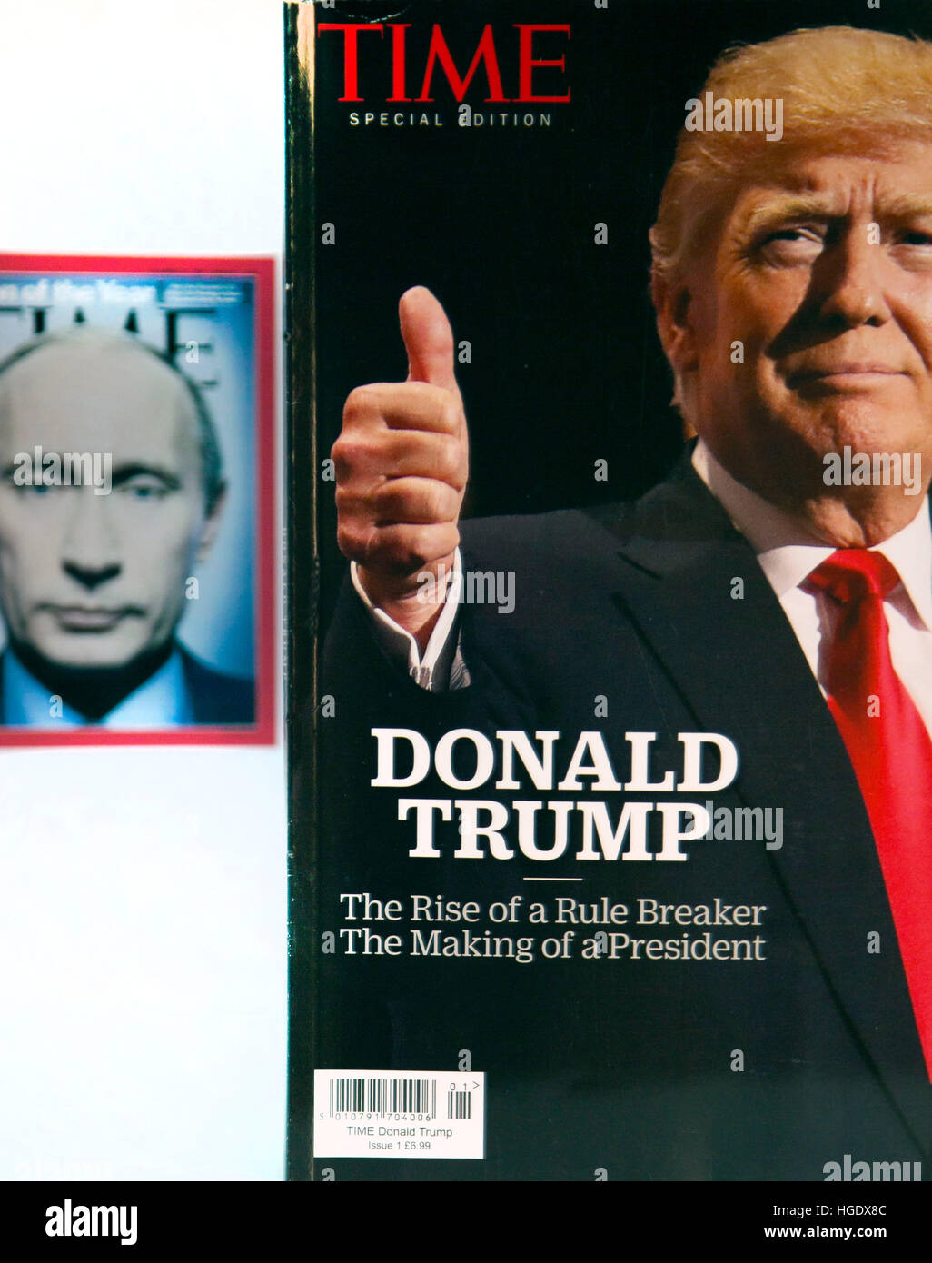 Donald Trump und Vladimir Putin haben beide Time Magazin Person des Jahres gewesen. Stockfoto