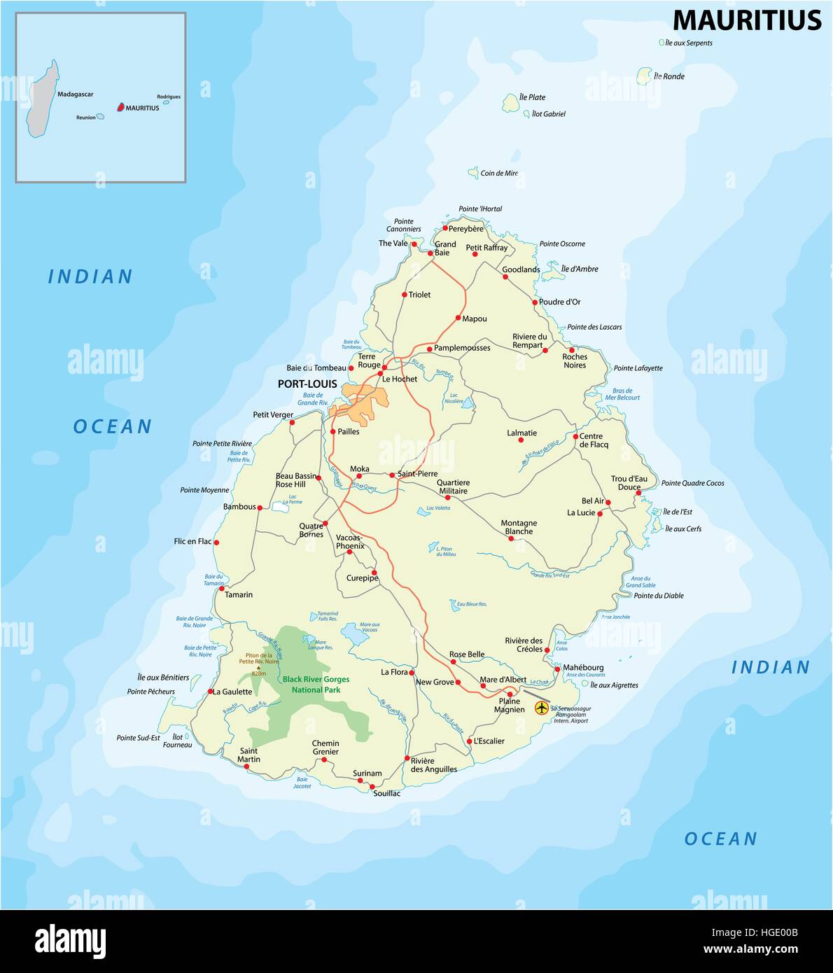 detaillierten Vektorkarte von Mauritius mit den wichtigsten Städten und Straßen Stock Vektor
