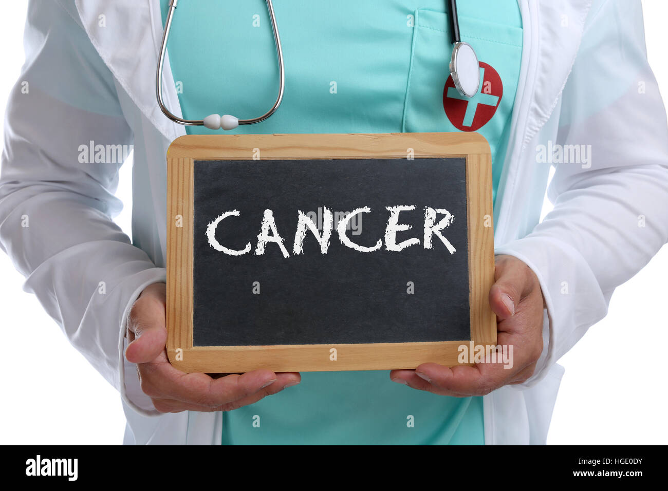 Krankheit Krebs krank Krankheit Diagnose Therapie Bewusstsein junger Arzt mit Vorzeichen Stockfoto