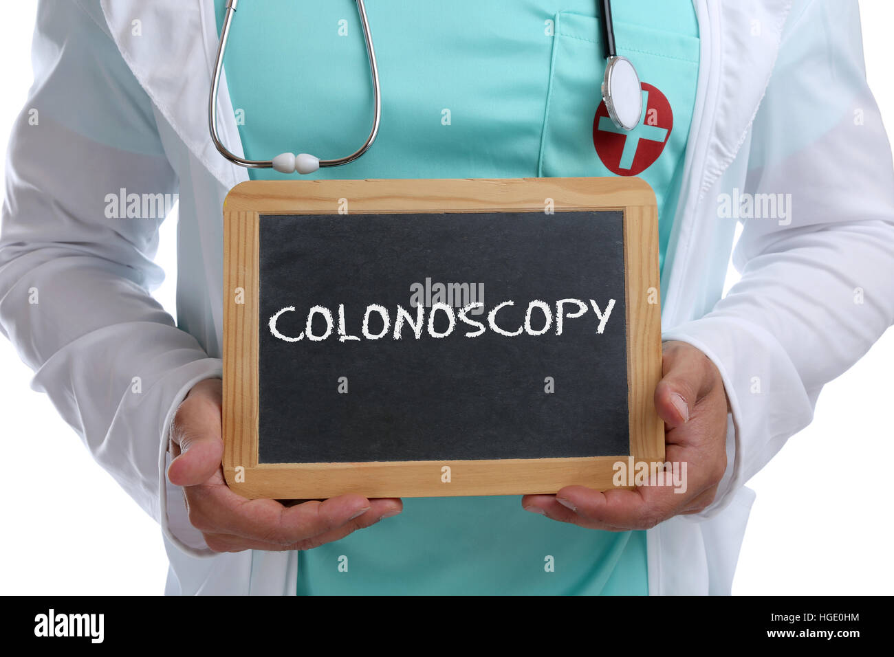 Screening colonoscopy Krebs Prävention Check-up Krankheit krank Krankheit junger Arzt mit Vorzeichen Stockfoto