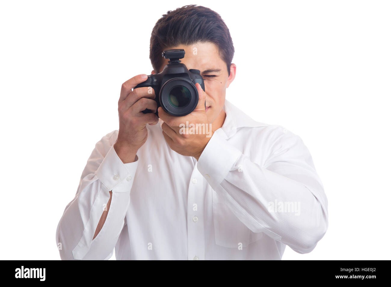 Fotograf Ausbildung Fotografie Fotos Kamera beruf Hobby auf weißem Hintergrund Stockfoto