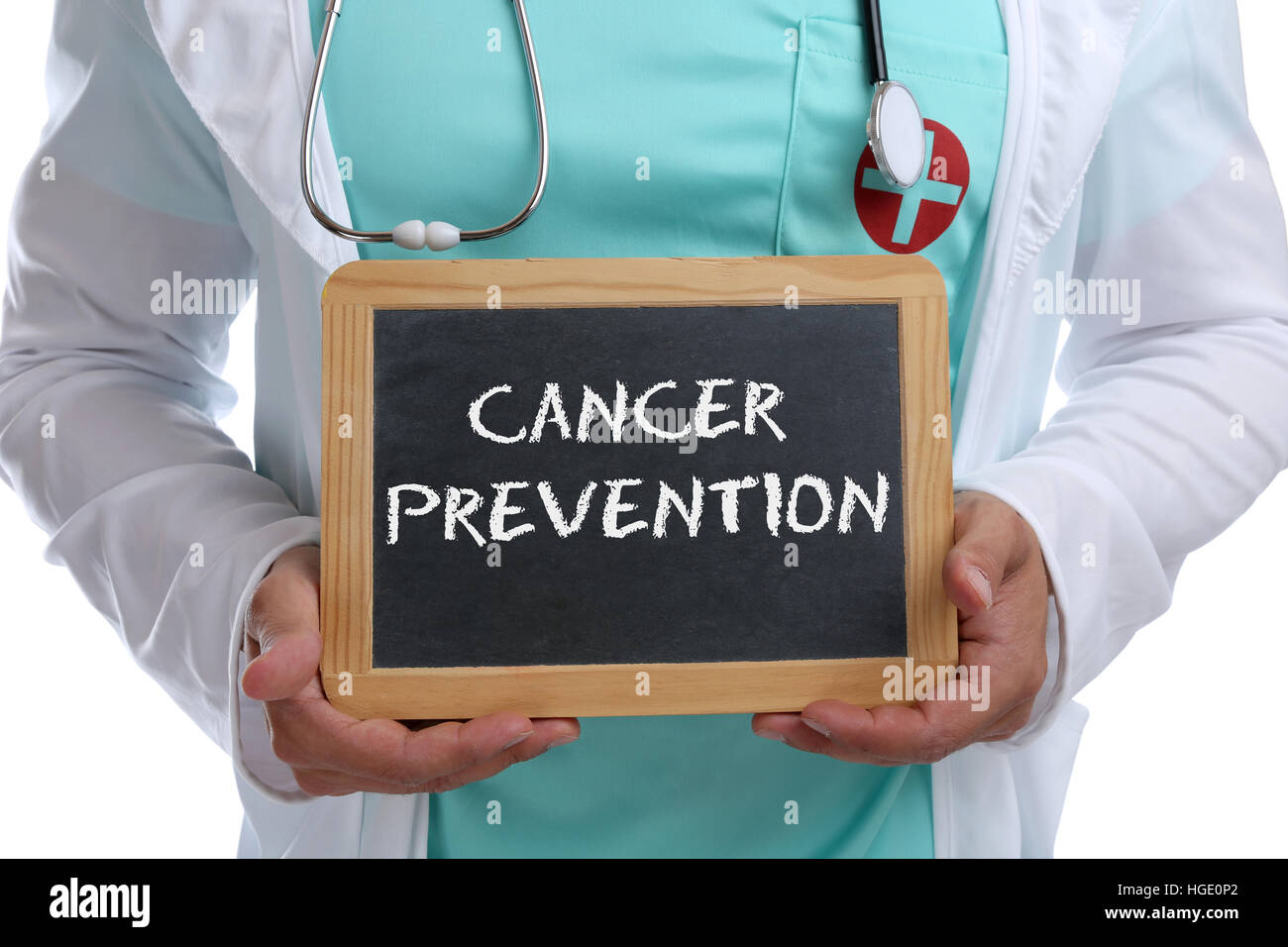 Krebsvorsorge screening Check-up Krankheit krank Krankheit gesund Gesundheit junger Arzt mit Vorzeichen Stockfoto