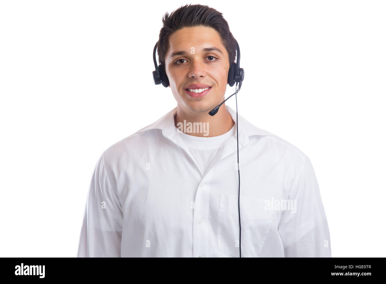 Junger Mann mit Headset Telefon Phone Call center Agent portrait Business isoliert auf weißem Hintergrund Stockfoto