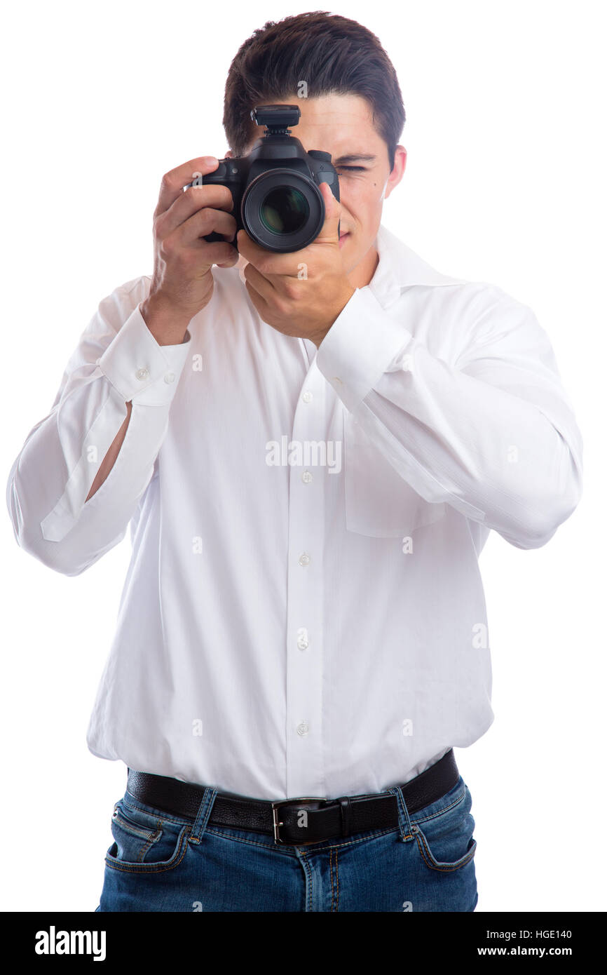 Fotograf junge Auszubildende fotografie Fotos mit Kamera beruf Hobby auf weißem Hintergrund Stockfoto