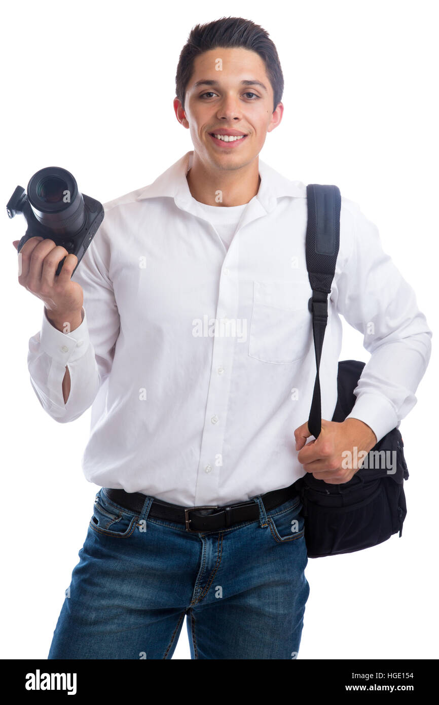 Fotograf junge Fotografie Fotos Kamera Tasche beruf Hobby auf weißem Hintergrund Stockfoto