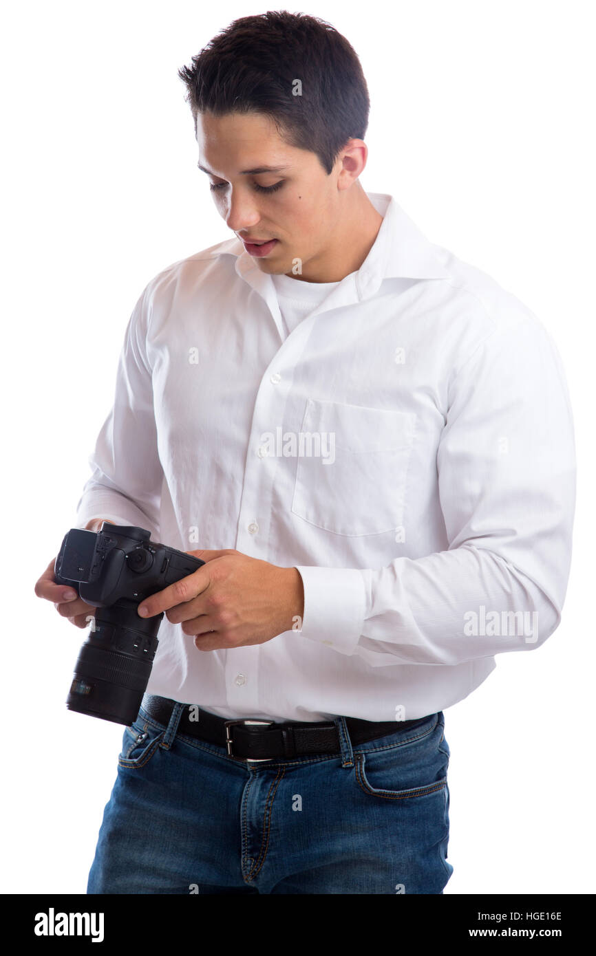 Fotograf Fotos Fotografie Kamera beruf Hobby auf weißem Hintergrund suchen Stockfoto