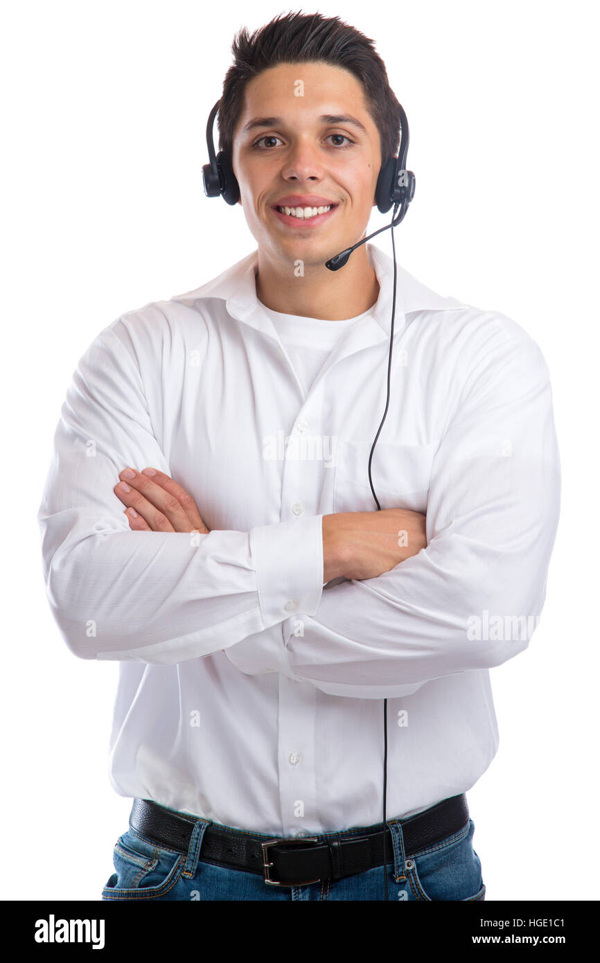 Junge lächelnde Mann mit Headset Telefon Phone Call center Agent business isoliert auf weißem Hintergrund Stockfoto