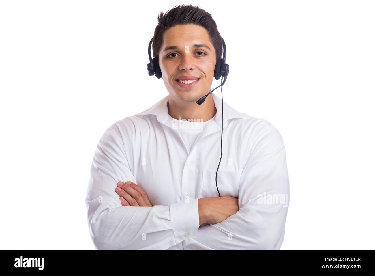 Mann headset Telefon Phone Call center Agent portrait Business isoliert auf weißem Hintergrund Stockfoto