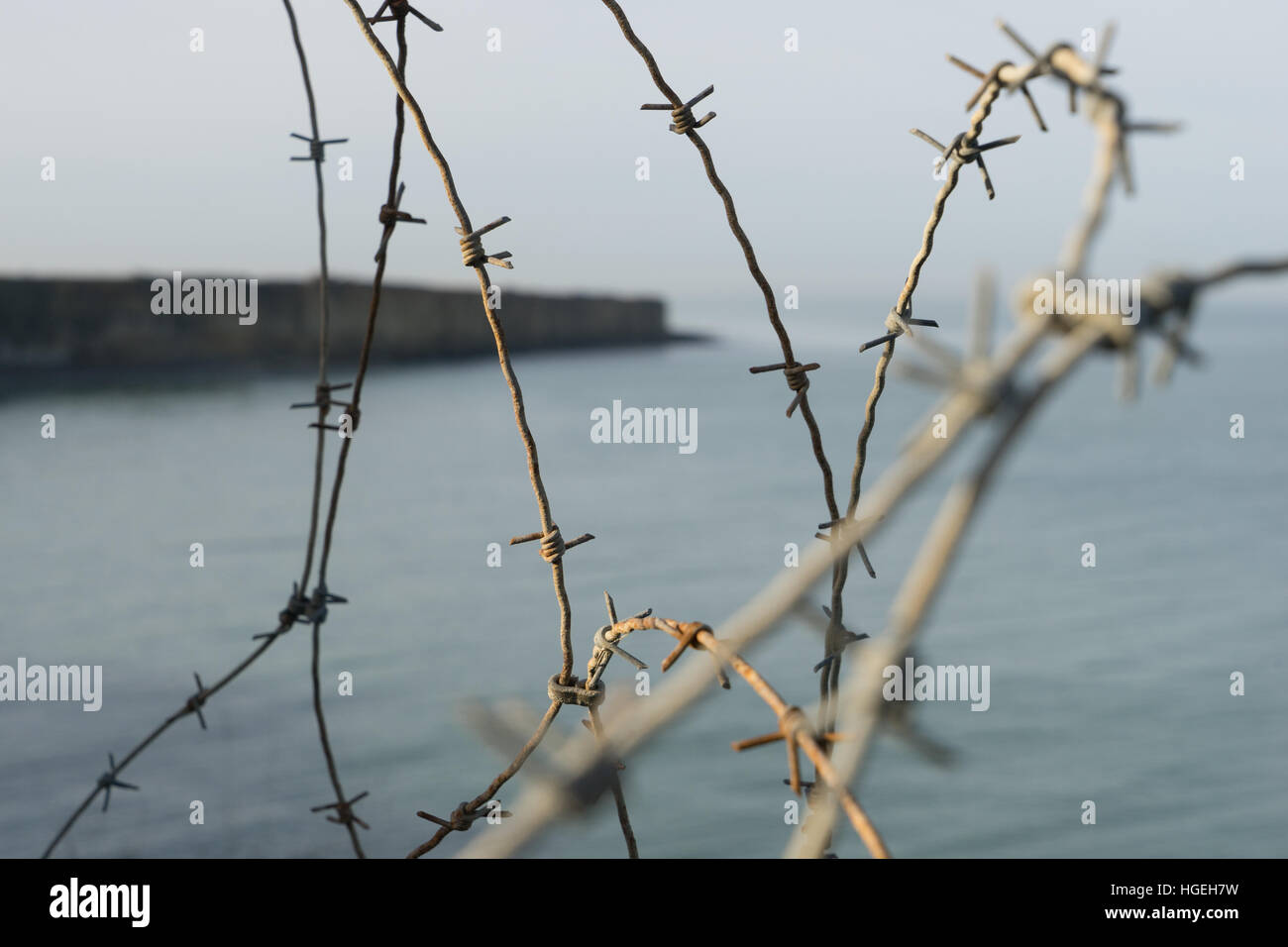 Stacheldraht in Pointe du Hoc, Normandie, Frankreich Stockfoto